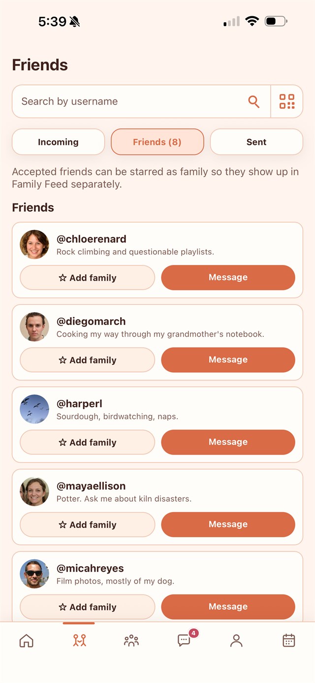 Add friends by contact, username or QR code