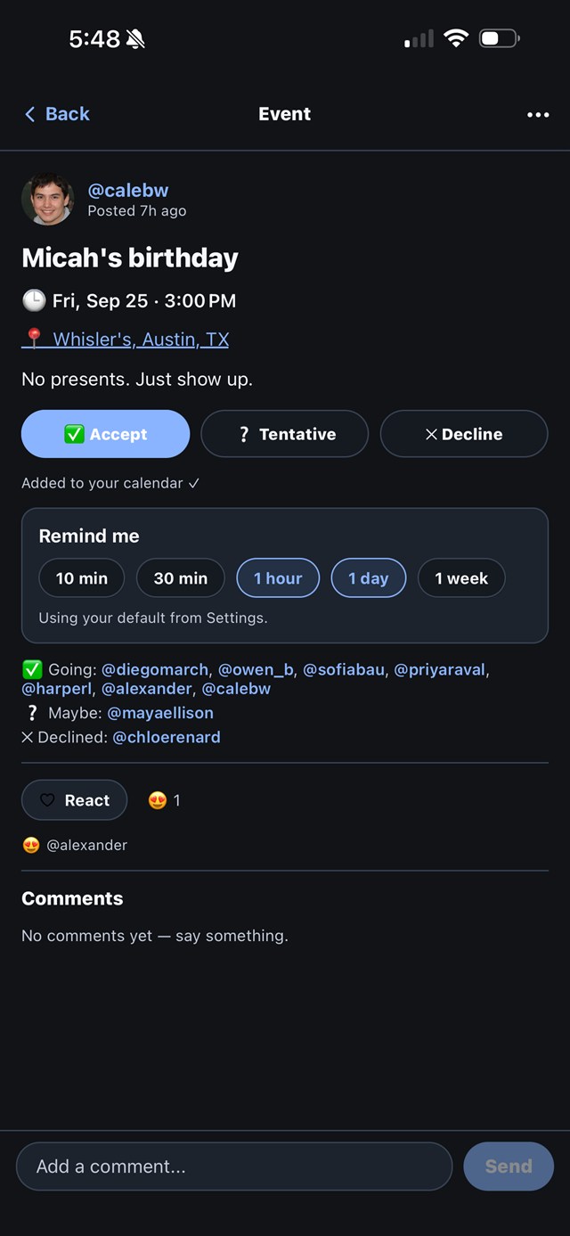 Event invite showing time, location and RSVPs