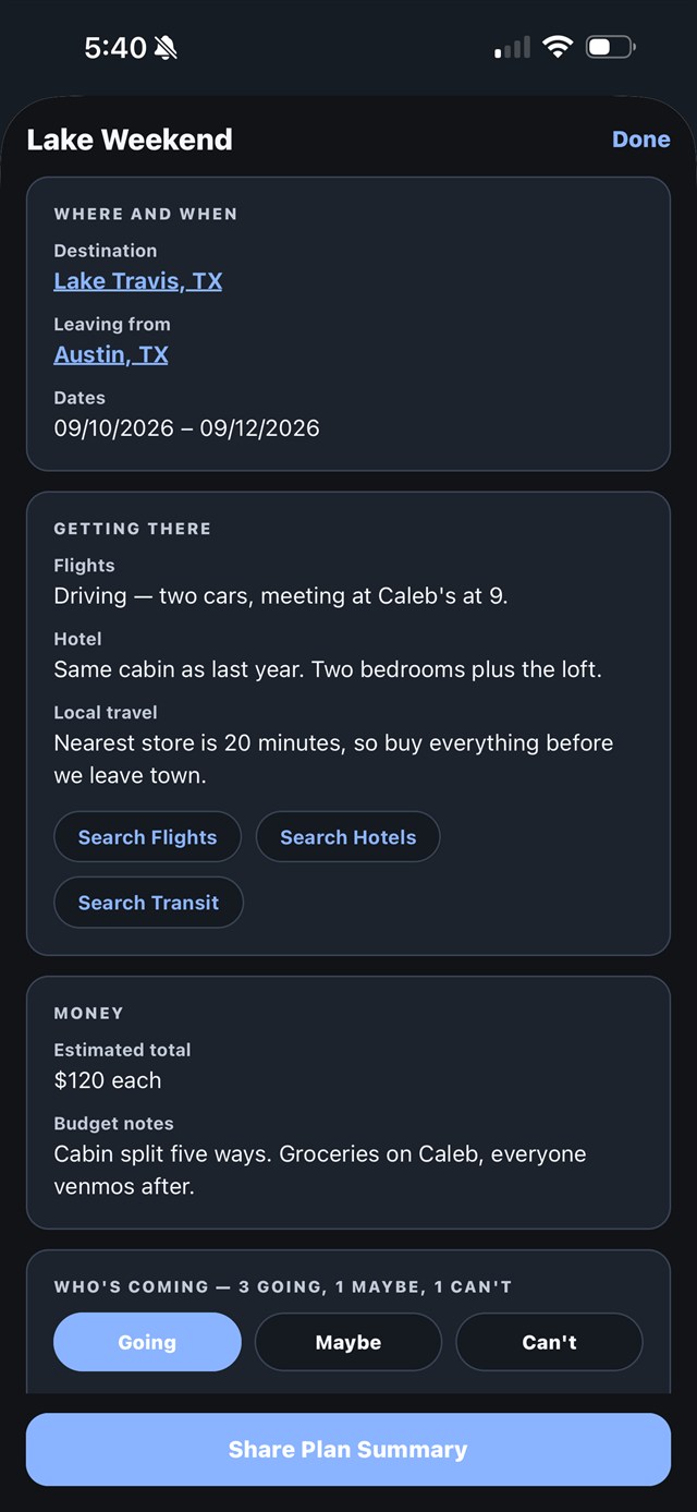 Trip planner with shared dates and checklists